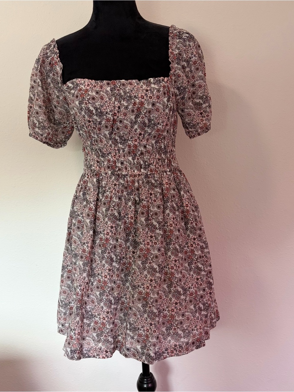 bp Floral Smocked Square-Neck Mini Dress in Pink and White